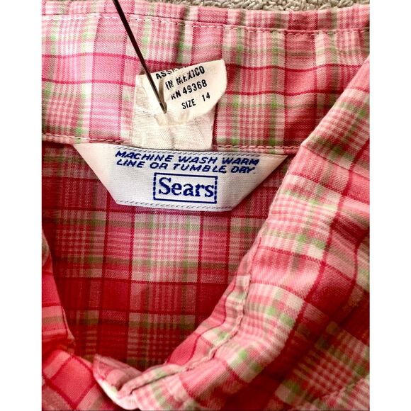 Vintage Sears Pink Plaid Gingham Sleeveless Button Front Blouse Top EVC Size 14 - Picture 3 of 5